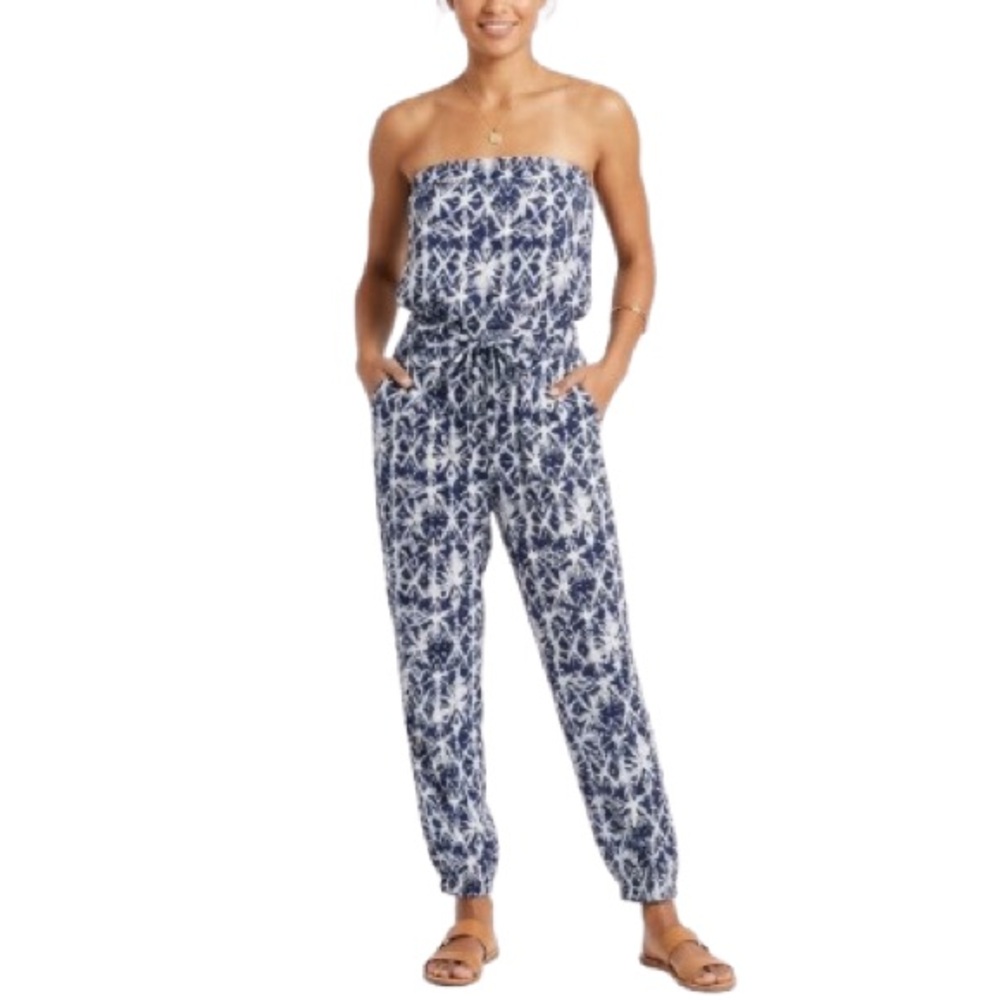 Mudd Strapless Jumpsuit Womens Navy Blue & White Geometric Print Pockets Size S
